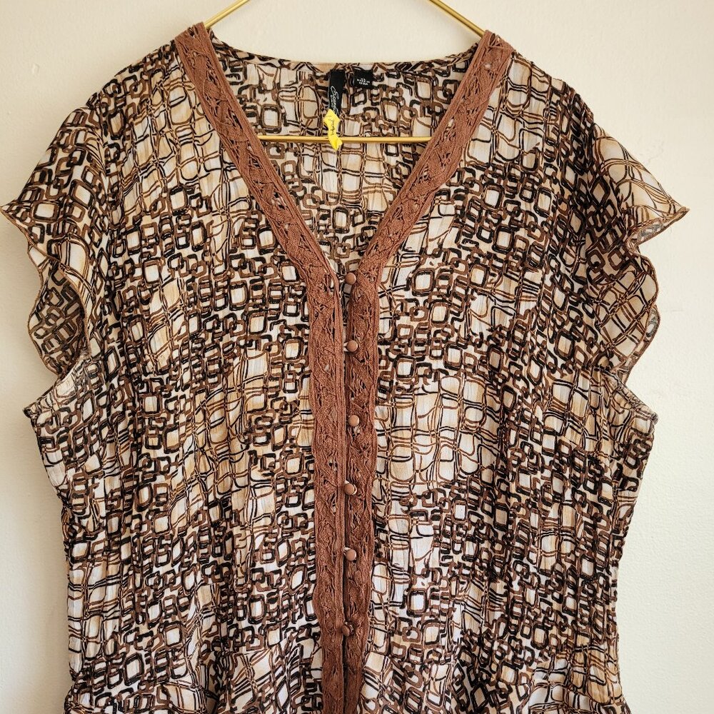 Essential by milano women short sleeve size XL button brown polyester su…
